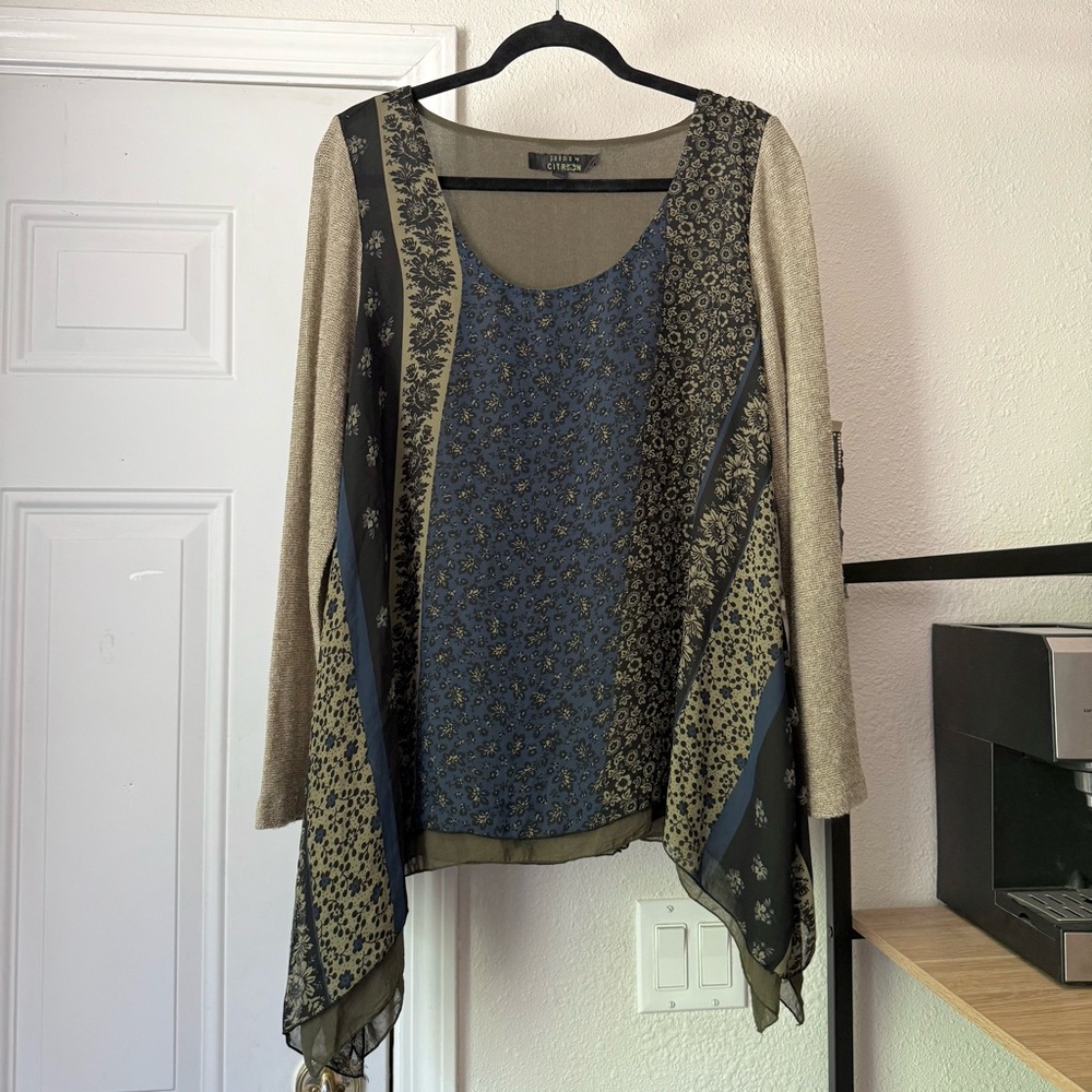 CITRON tan navy black floral sheer mixed media sweater sharkbite draped top‎